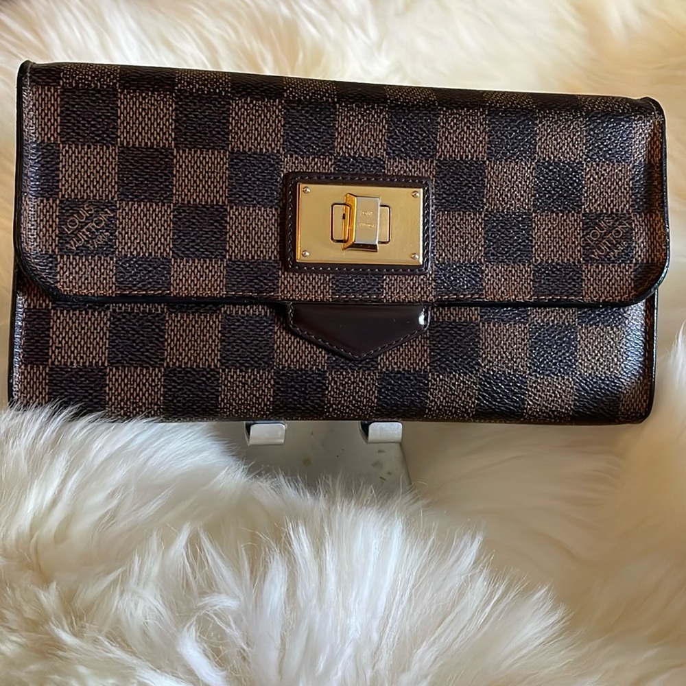 Authentic Louis Vuitton Damier Ebene Canvas Leather Rosebery Long Wallet CA0112